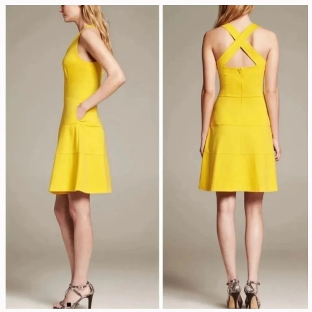 Banana Republic Ponte Cross-back Fit-and-Flare Dress in Tuscan Sun Sz 2 NWT - Picture 3 of 16